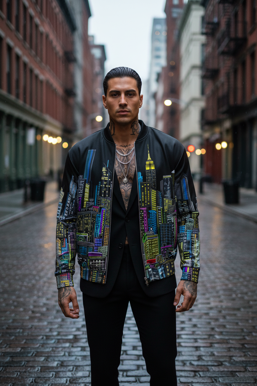 Man wearing a colorful Loria NYC Art jacket on a city street