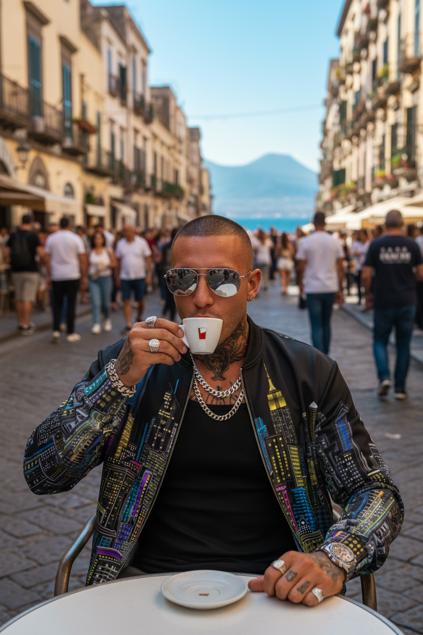 Man drinking coffee outside wearing a Black colorful Loria NYC Art jacket on a street.