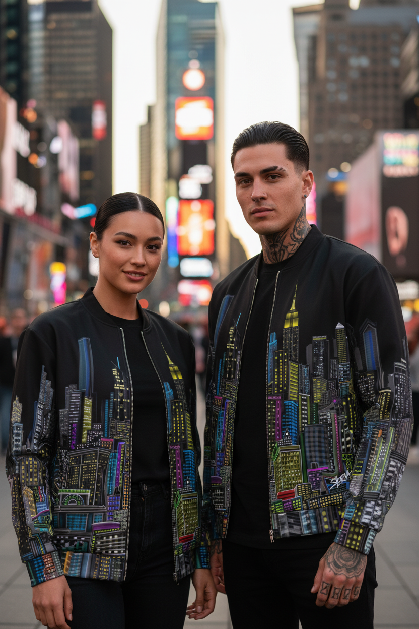 Two people in urban setting wearing colorful jackets with a cityscape Loria NYC Art design, with buildings in the background.