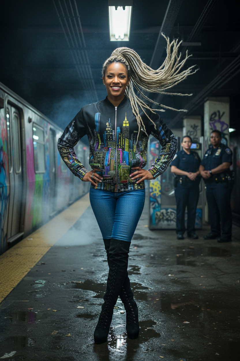 Person wearing a colorful Loria NYC Art jacket with cityscape design on a subway platform