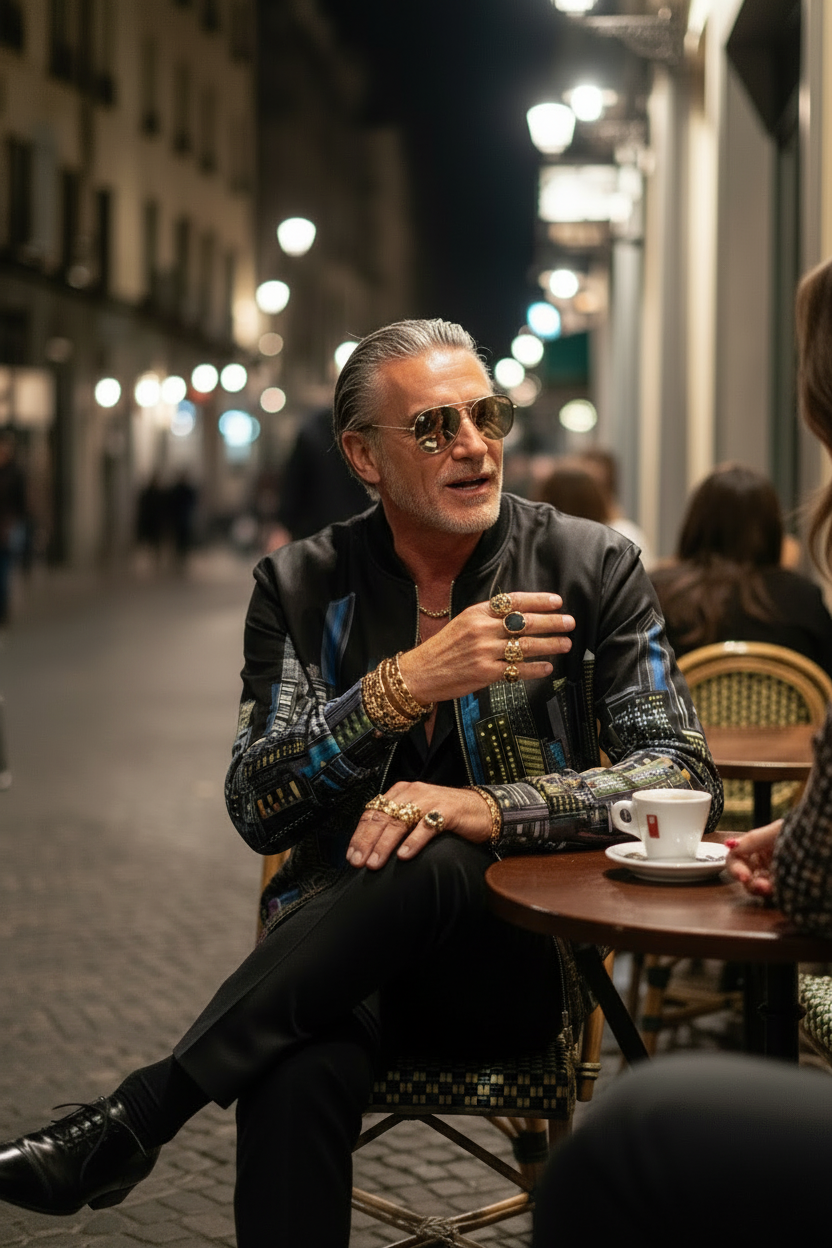 Man outside sitting and talking in a Black colorful Loria NYC Art jacket at a table.