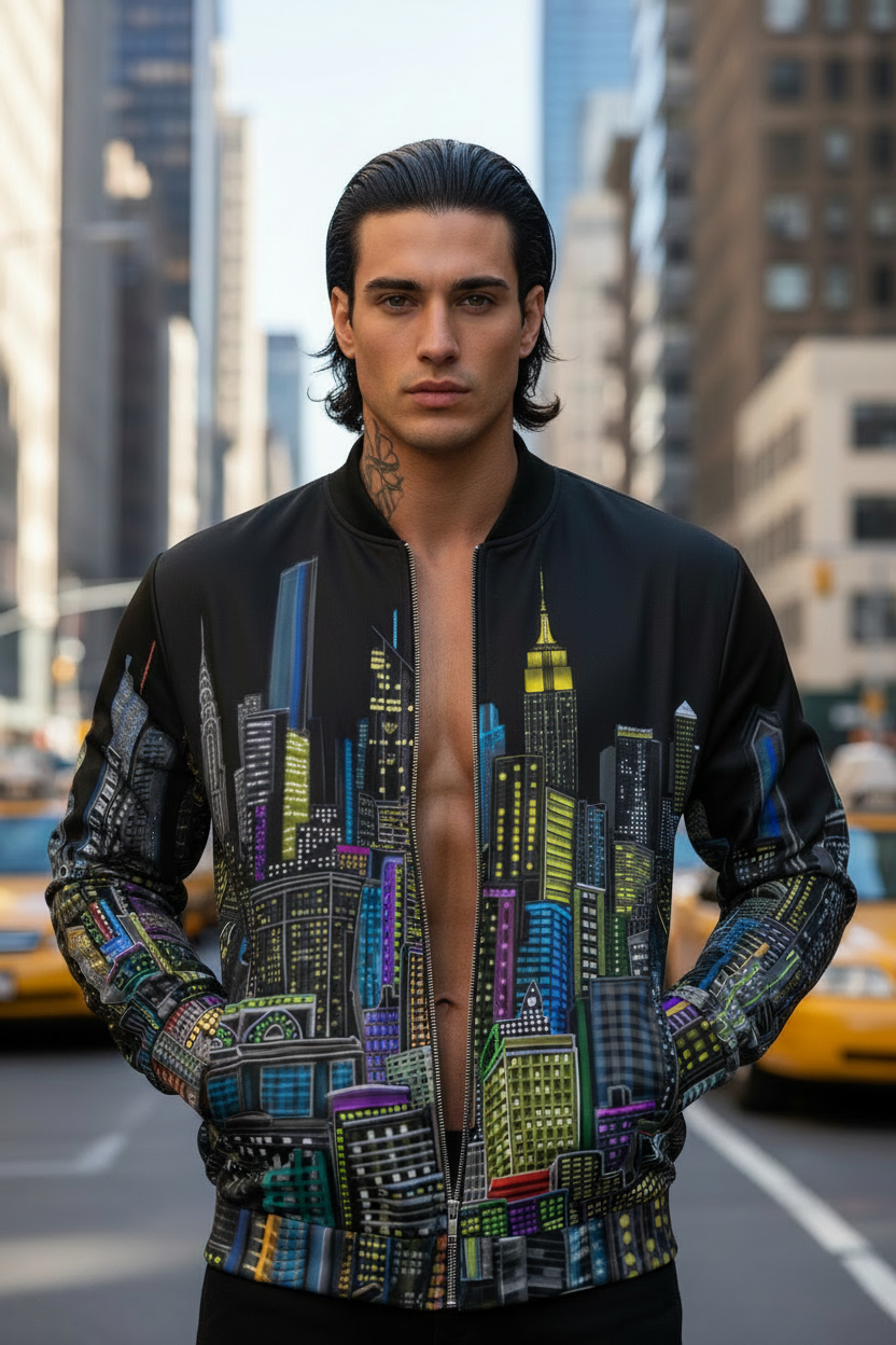 Man wearing a black Loria NYC Art jacket in an urban setting