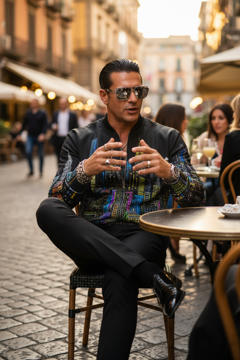 Man sitting at a cafe table wearing a black jacket with Loria NYC Art cityscape jacket design on a city street