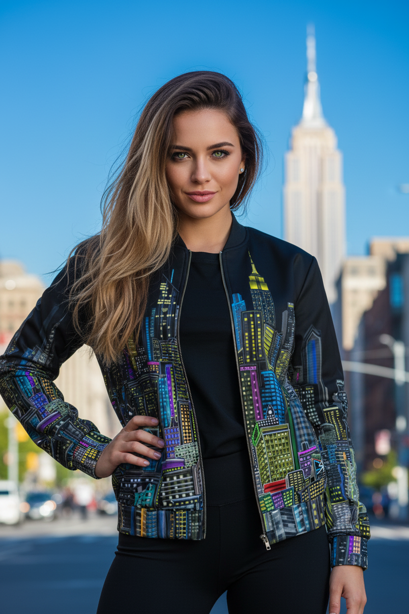 Women posing in a Black colorful Loria NYC Art jacket on a street with blue skies.