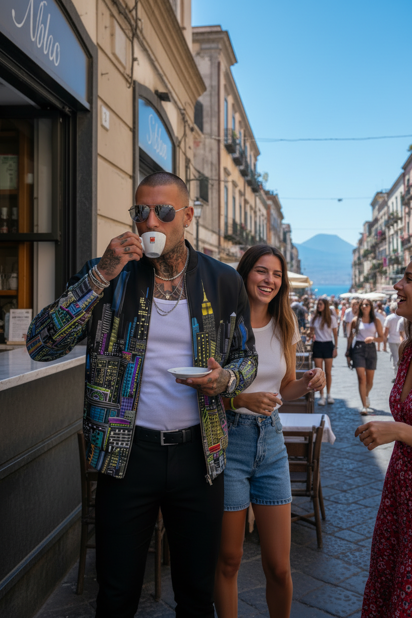 Man drinking coffee wearing a Loria NYC Art jacket in an urban setting 
