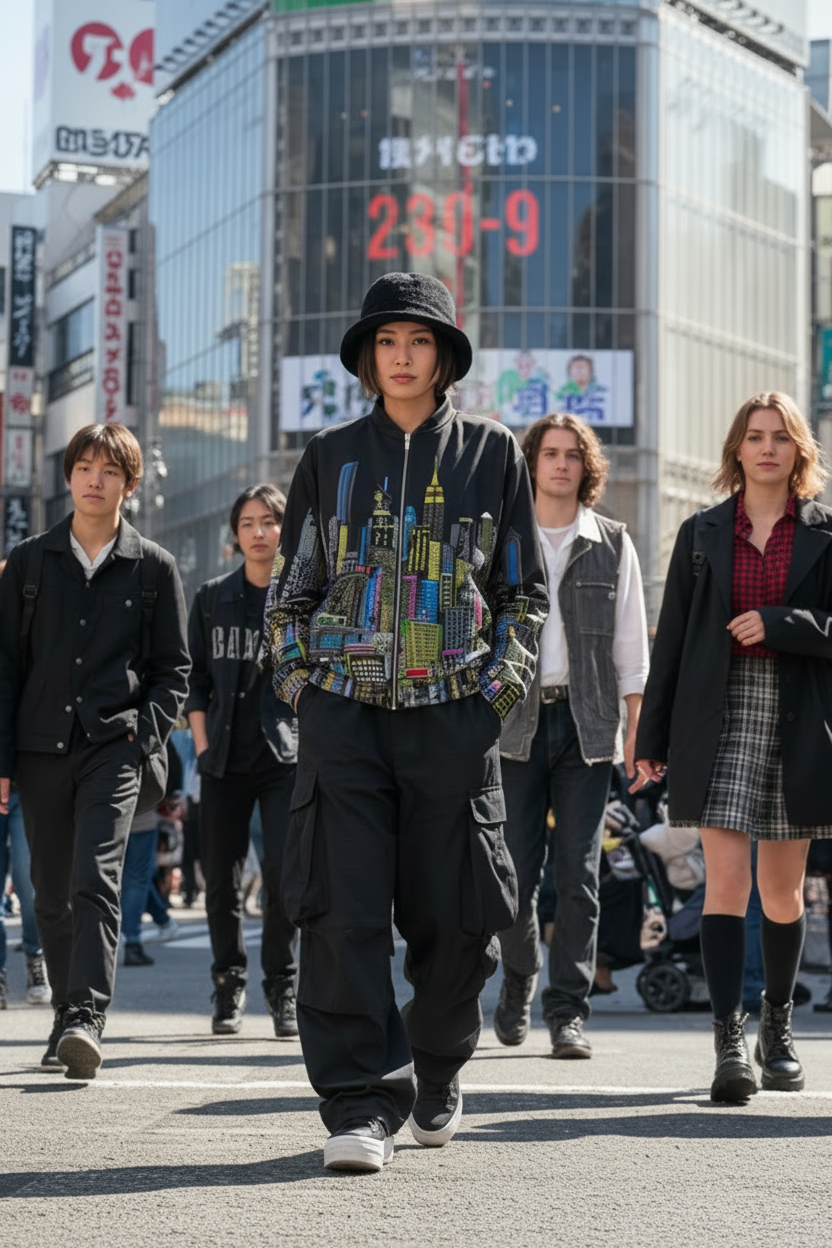Person walking with crowd wearing a Black colorful Loria NYC Art jacket on a street.