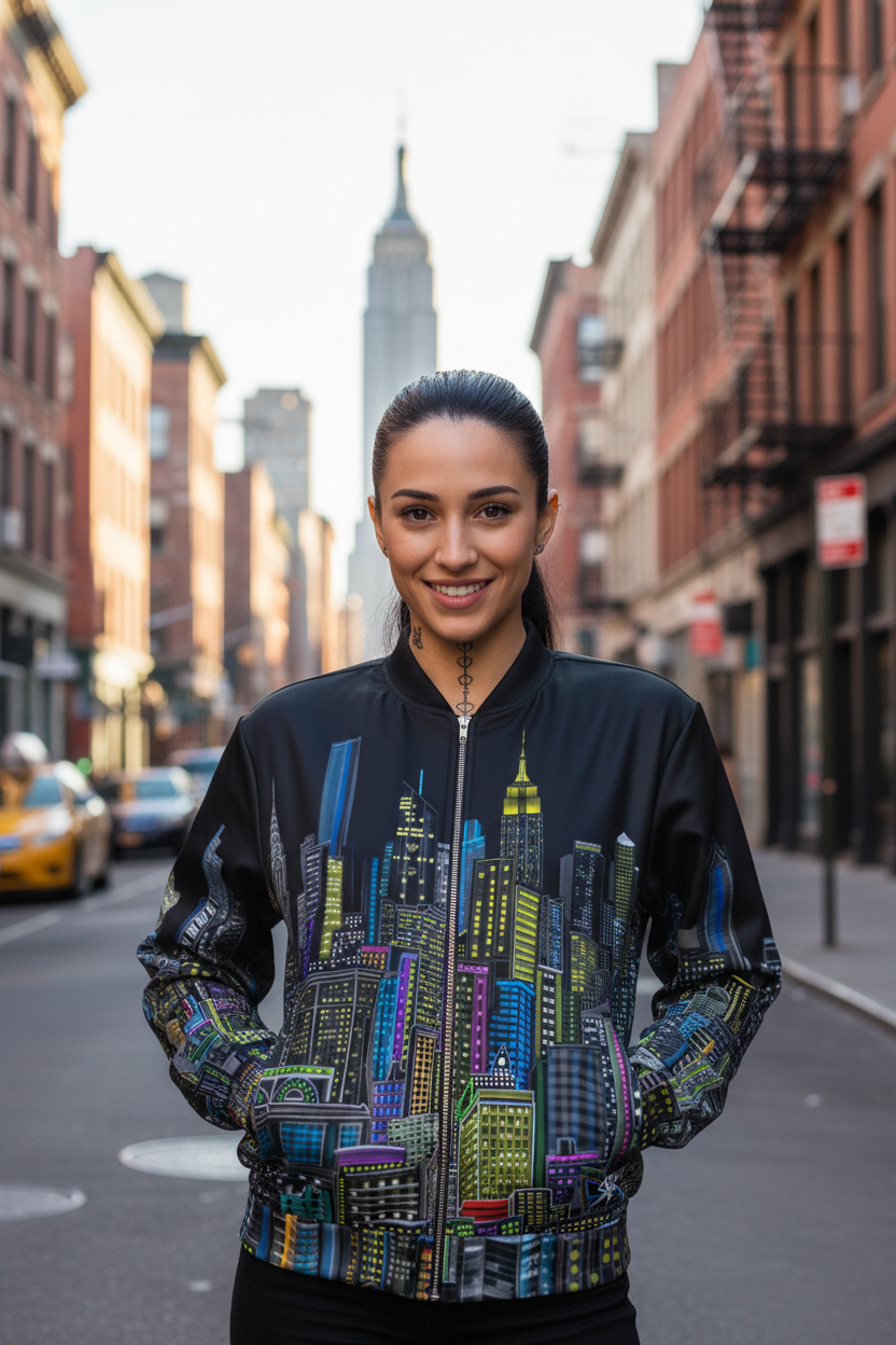 Person posing in a Black colorful Loria NYC Art jacket in an urban setting.