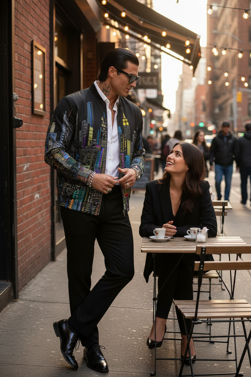 Man standing at a table wearing a black  Loria NYC Art cityscape jacket design on a city street
