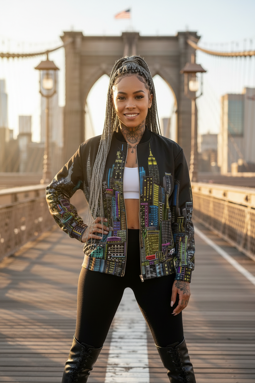 Person wearing a Loria NYC Art jacket colorful jacket on the Brooklyn Bridge
