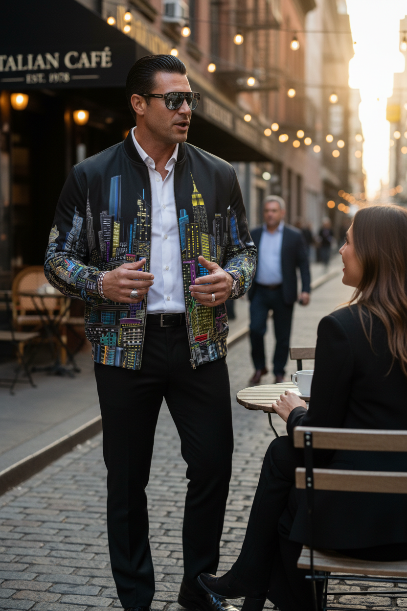 Man standing at a cafe table wearing a black  Loria NYC Art cityscape jacket design on a city street