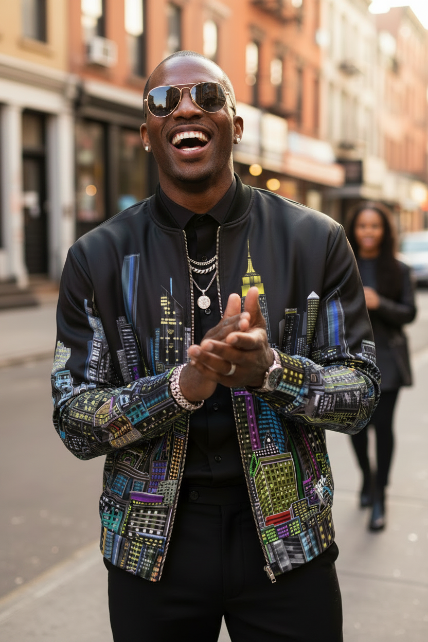 Man laughing standing outside posing in a Black colorful Loria NYC Art jacket on a street.