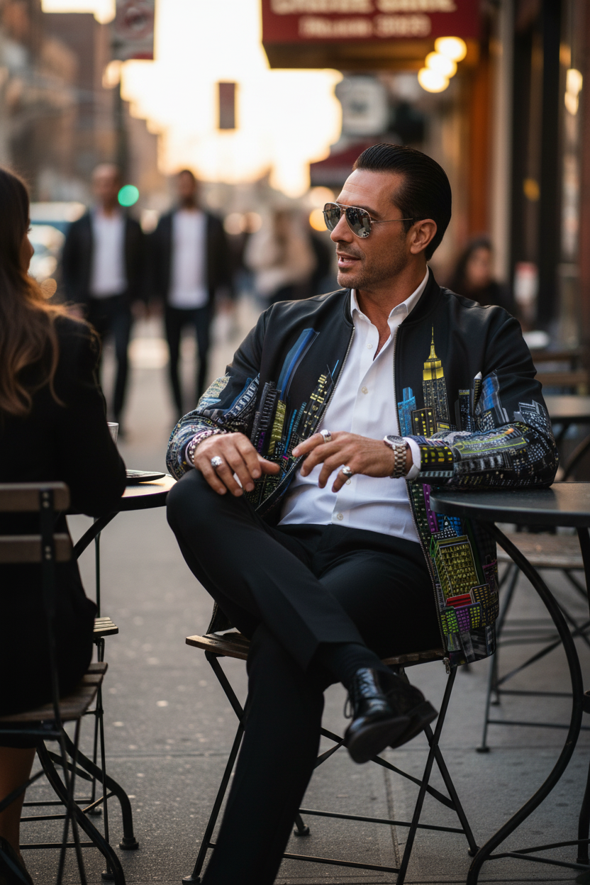 Man sitting at a cafe table wearing a black  Loria NYC Art cityscape jacket design on a city street