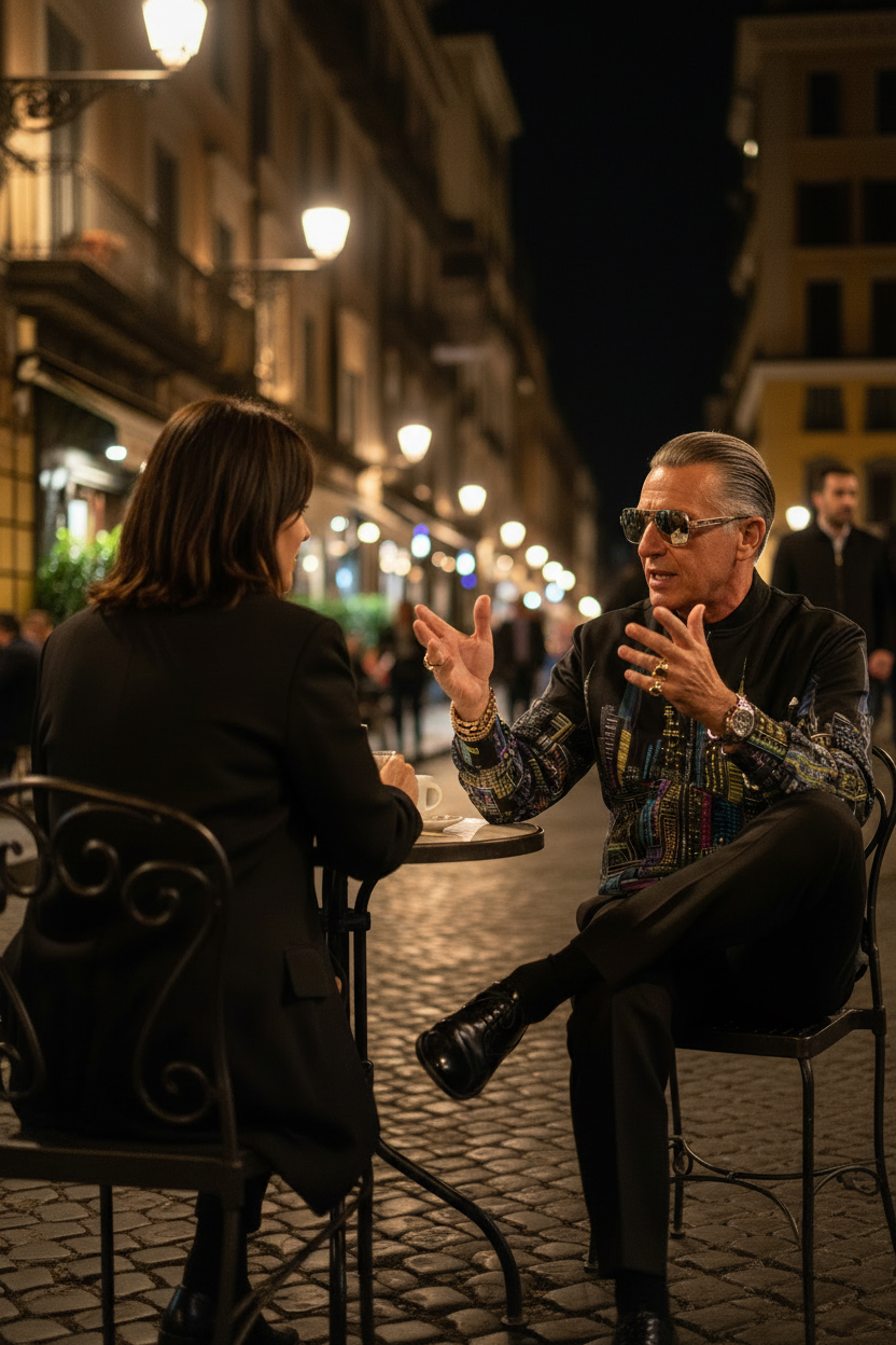 Man outside sitting and talking in a Black colorful Loria NYC Art jacket on an urban street.