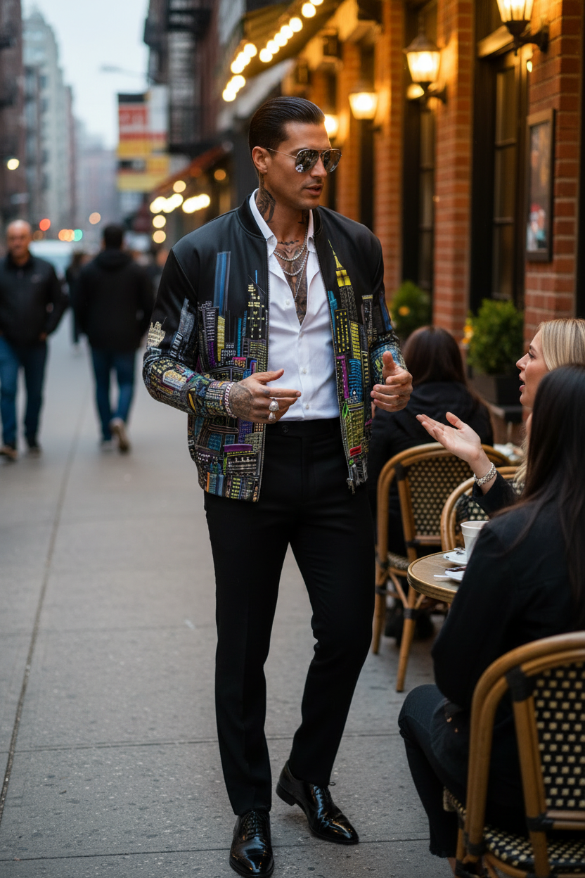 Man standing at a cafe table talking and wearing a black  Loria NYC Art cityscape jacket on a city street
