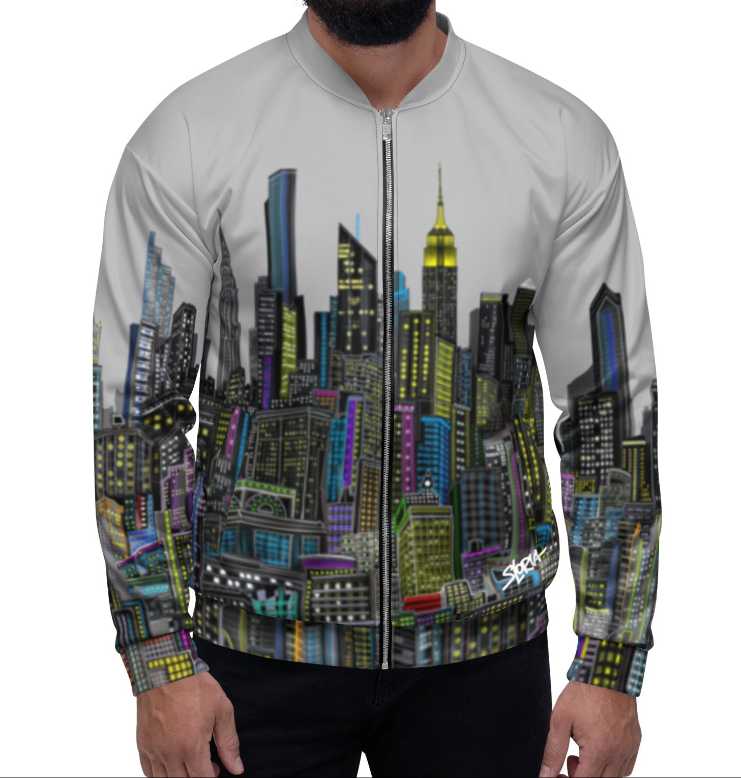 Front view of a guy posing in a grey jacket with a cityscape designed by Loria NYC Art  on a white background