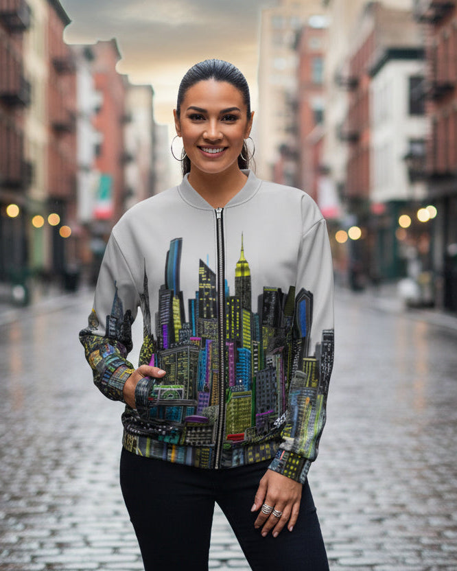 Lady wearing a jacket with a cityscape designed by Loria NYC Art  on a urban background
