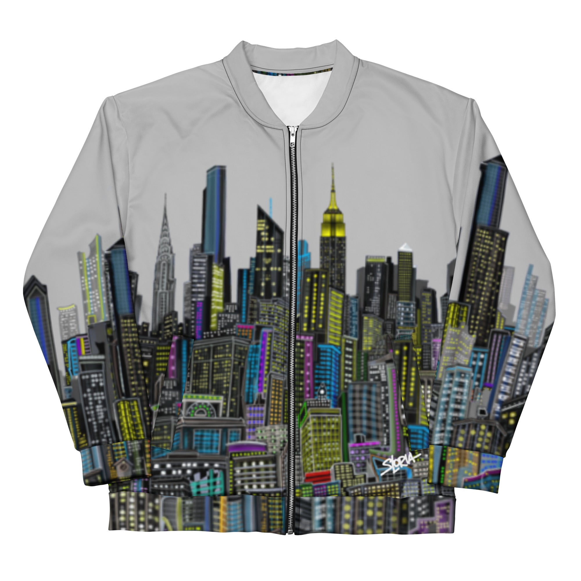 Front view folded sleeve view of Jacket with a cityscape design by Loria NYC Art on the back against a white background