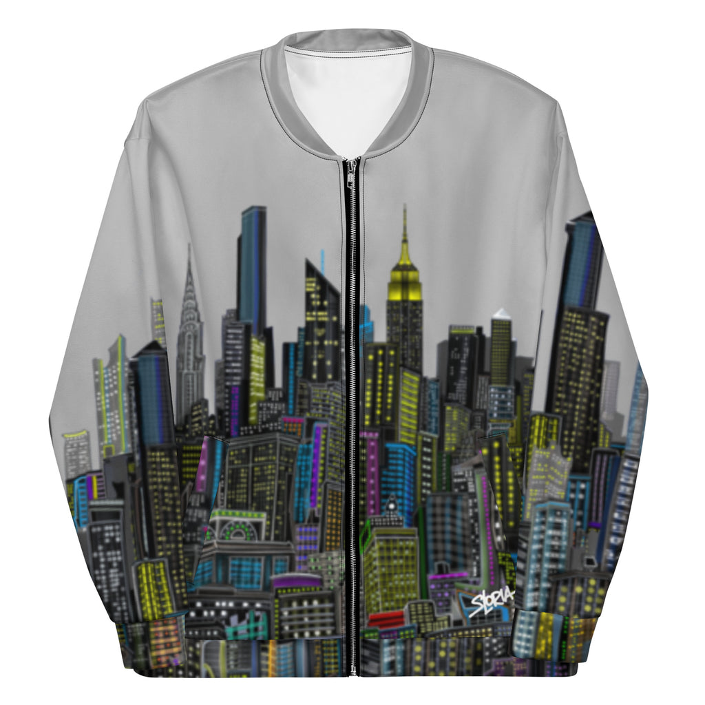 Front Folded sleeve view of grey Jacket with a cityscape design by Loria NYC Art on the back against a white background