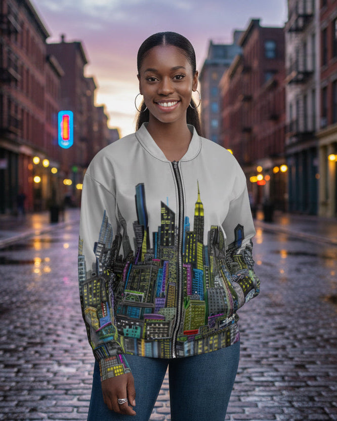 Lady smiling and wearing a jacket with a cityscape designed by Loria NYC Art  on a urban background