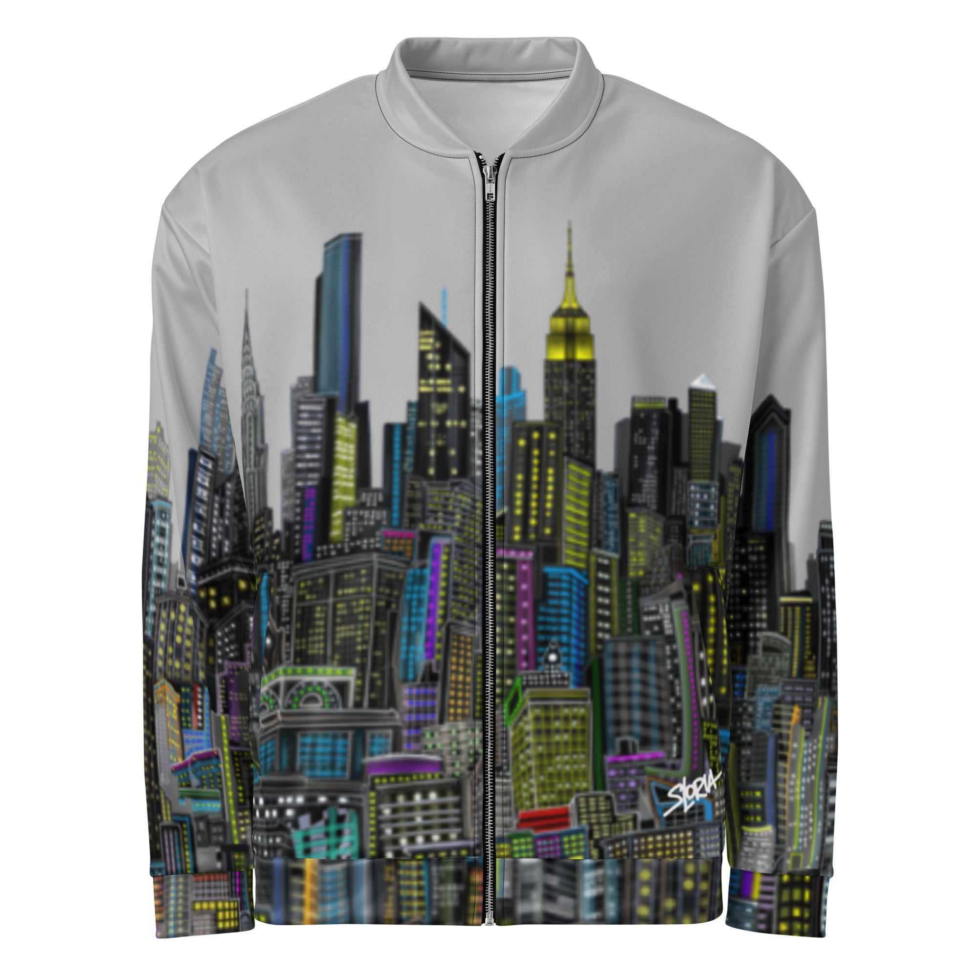 Front view of Jacket with a cityscape design by Loria NYC Art against a white background
