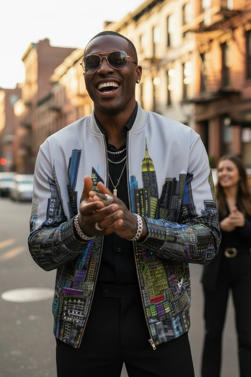 Man wearing a colorful jacket with Loria NYC Art cityscape design on a street