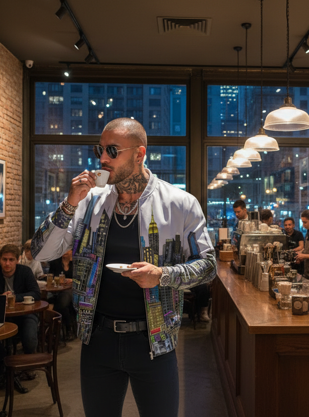 Man drinking coffee in a cozy coffee shop with brick walls and cityscape view wearing jacket designed by Jacket with a cityscape design by Loria NYC Art
