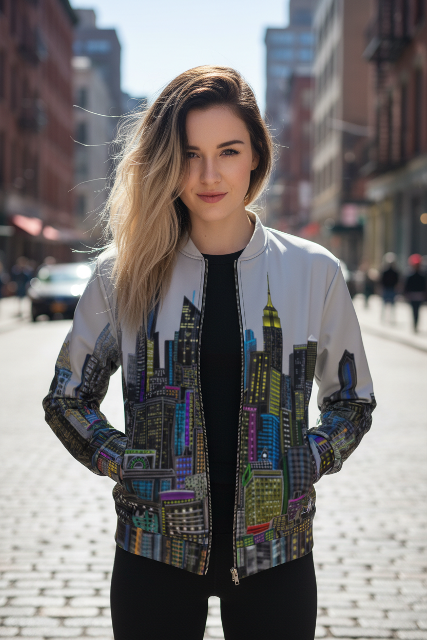 Woman wearing a Loria NYC Art colorful cityscape jacket on a city street