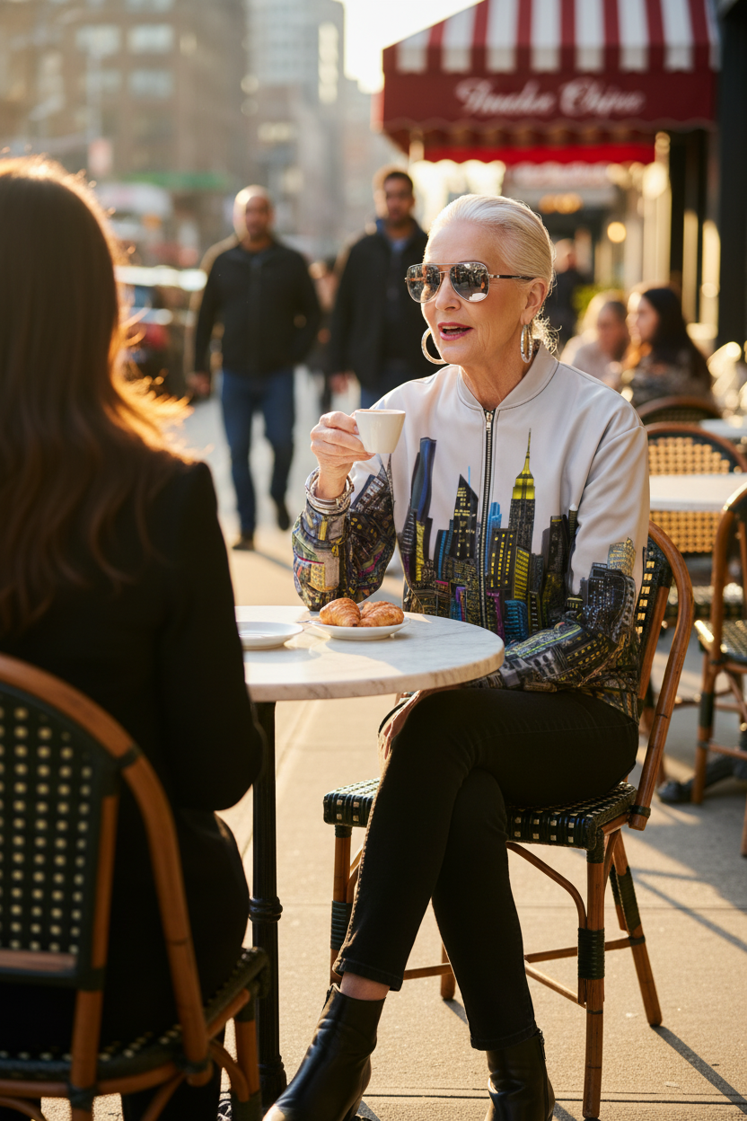 Lady having coffee  wearing a grey colorful Loria NYC Art jacket outside by a cafe.