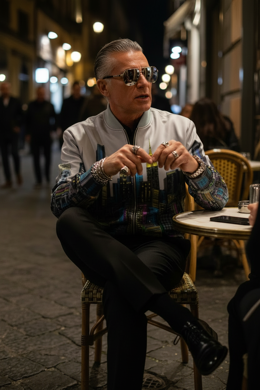 Man sitting at a table wearing a Loria NYC Art jacket in an evening setting.