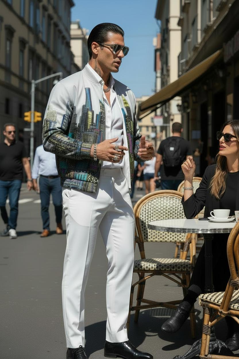 Man standing by a table talking wearing a Loria NYC Art jacket in an cafe setting.