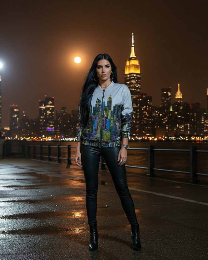 Woman standing on a wet walkway with a city skyline in the background at night, wearing a jacket designed by Loria NYC Art