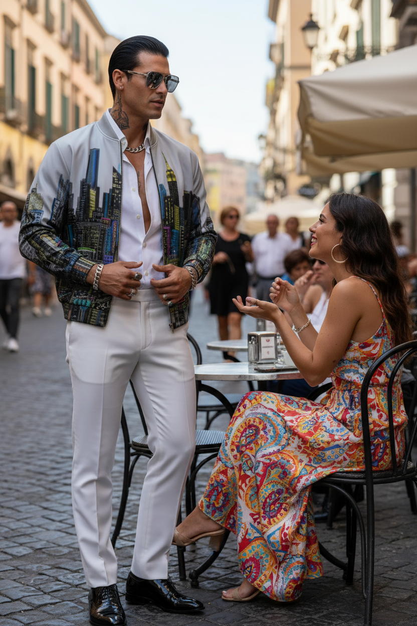 Man standing by a table wearing a Loria NYC Art jacket in an outside setting.