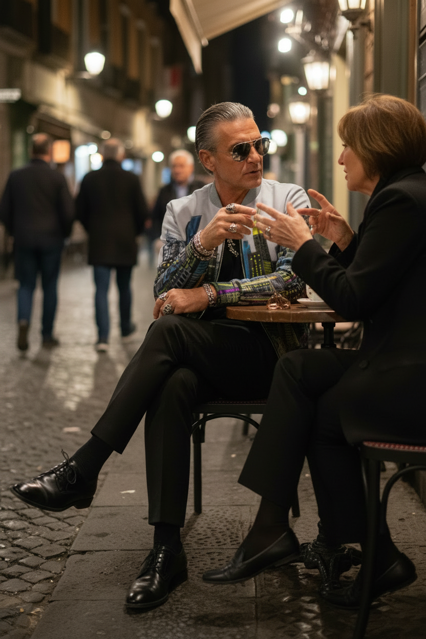 Man wearing a grey colorful Loria NYC Art jacket outside sitting down at a cafe.