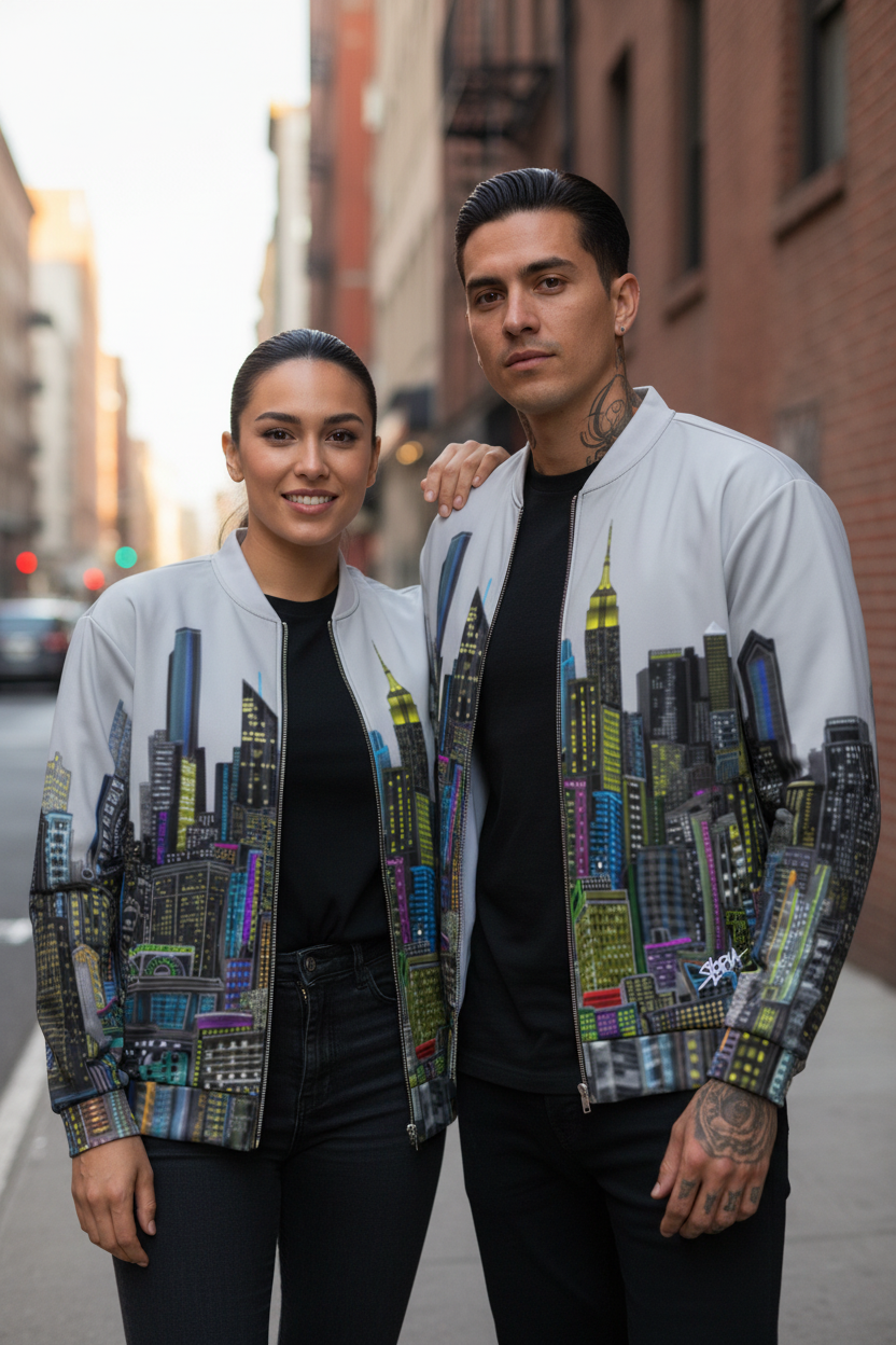 Two people wearing cityscape-themed Loria NYC Art jackets on a street.