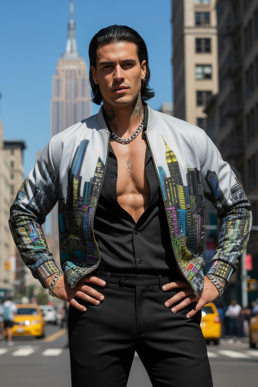 Man in a colorful Loria NYC Art jacket and black shirt standing on a city street with the Empire State Building in the background.