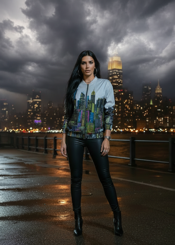 Woman standing in front of  skyline during a stormy night wearing a jacket designed by Loria NYC Art 