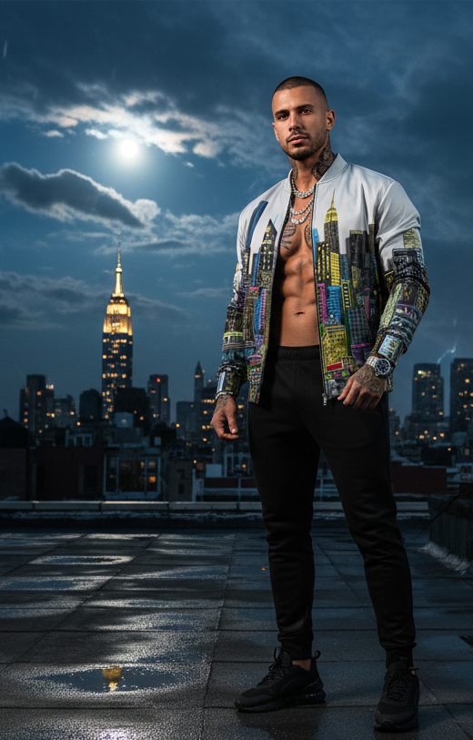 Man standing on a rooftop with a city skyline and lightning in the background