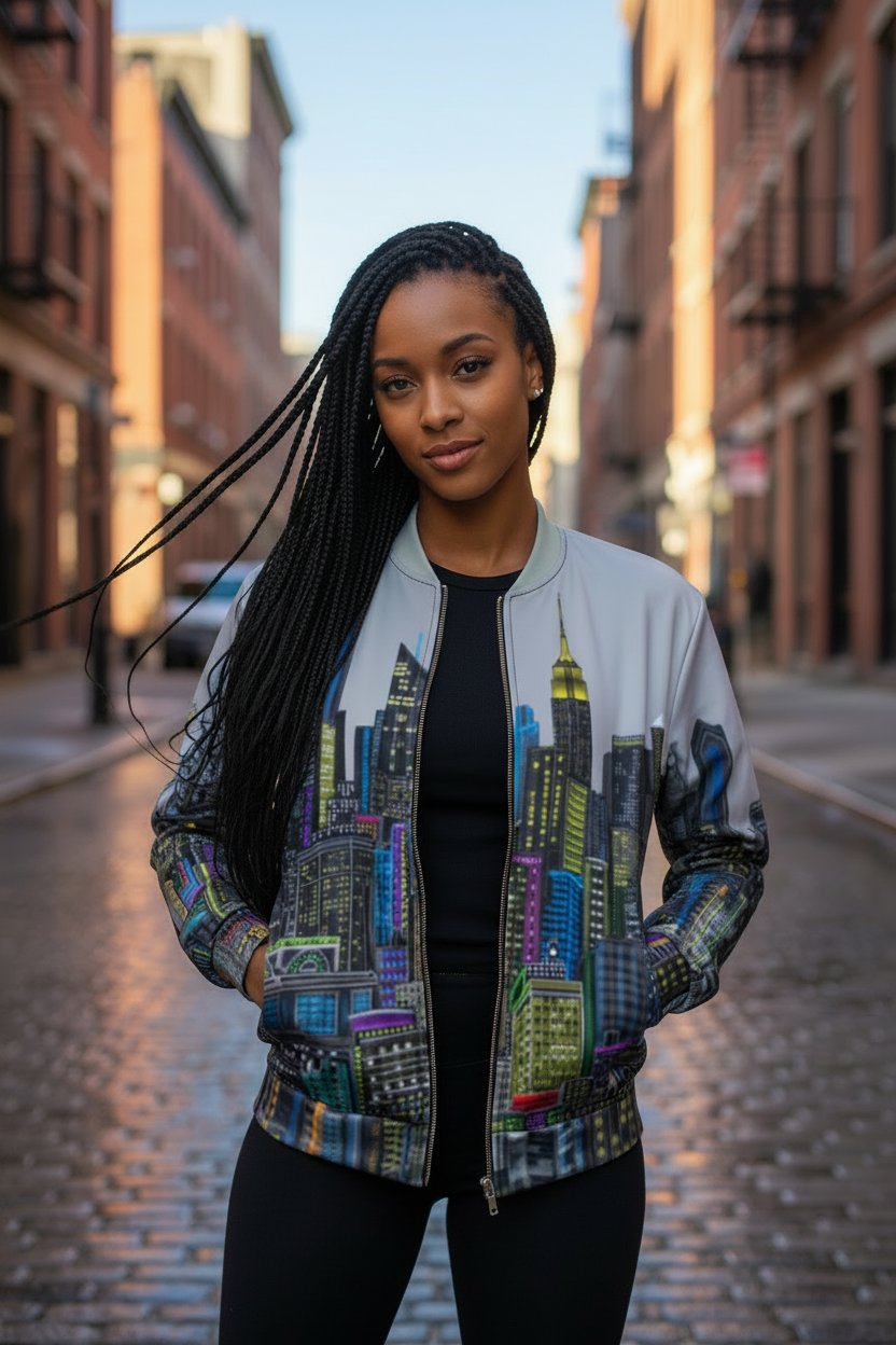 Women standing on a street wearing a grey colorful Loria NYC Art jacket in an urban setting 