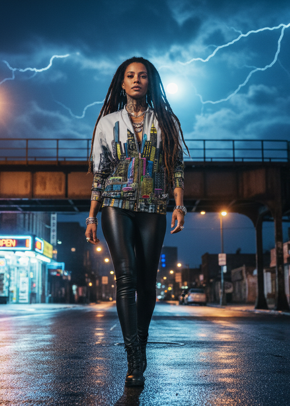 Woman walking on a rain-soaked street with lightning in the sky wearing a Loria NYC Art designed jacket