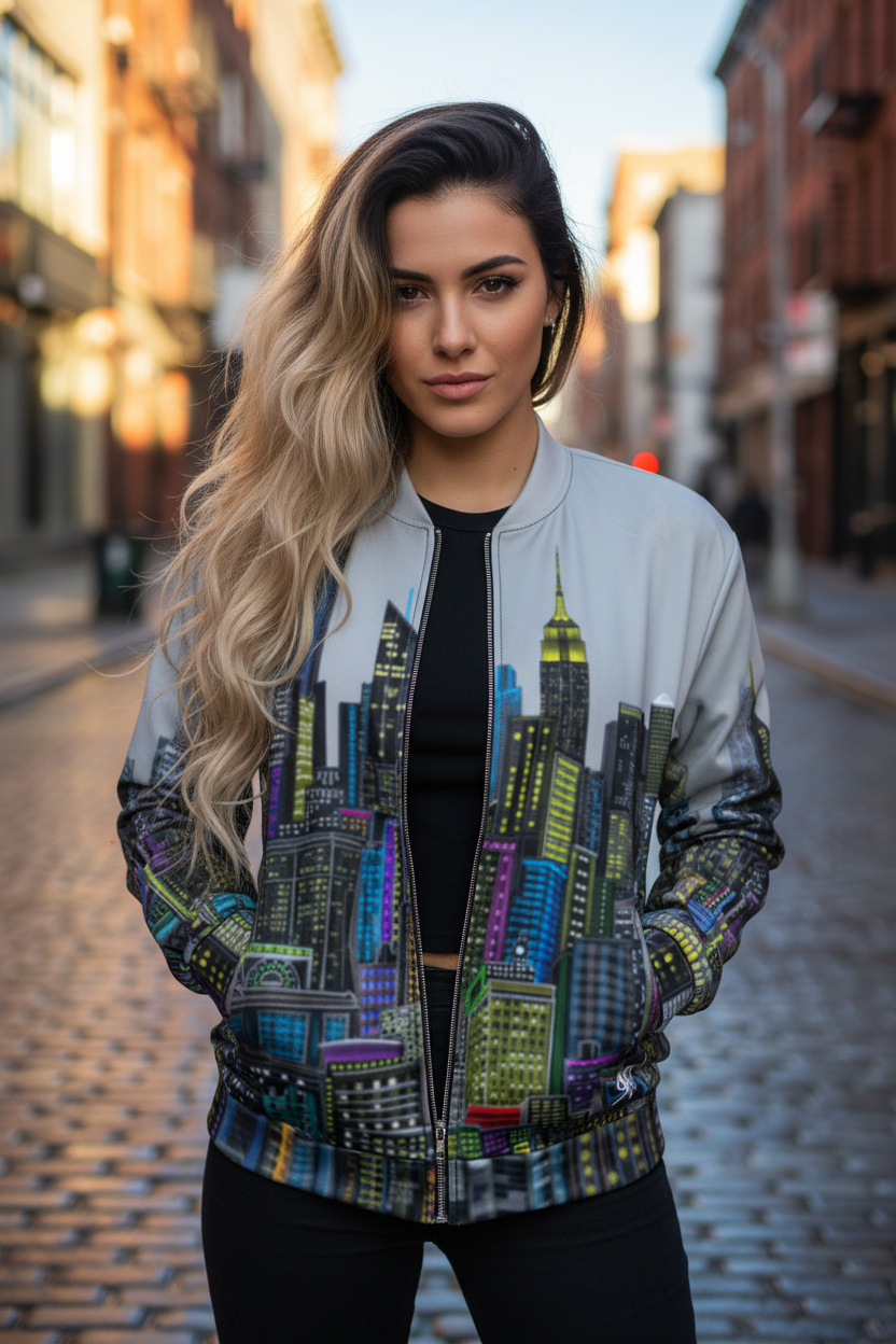 Woman wearing a colorful Loria NYC Art jacket with cityscape design on a street.