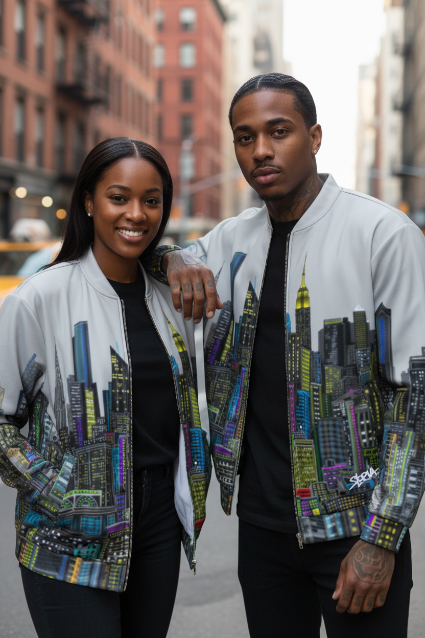 Two people wearing Loria NYC Art cityscape-themed jackets on a street.