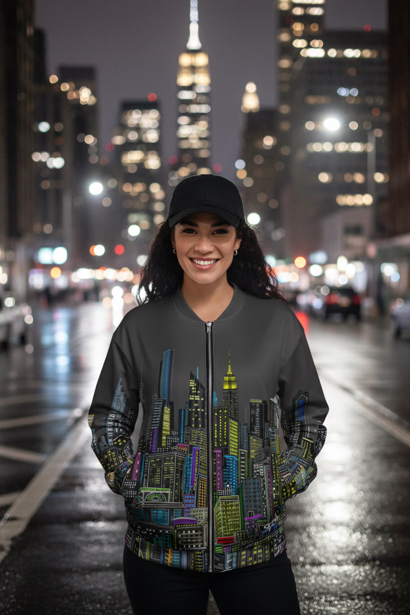 Posing Woman wearing a colorful grey cityscape jacket by Loria NYC Art on a urban background