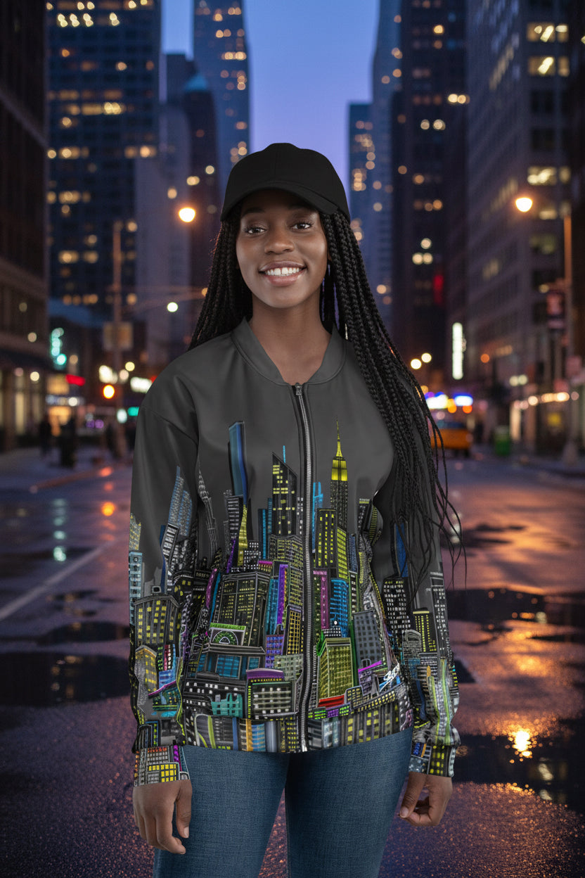 Woman wearing a colorful cityscape jacket by Loria NYC Art on a urban background