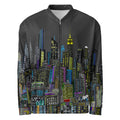 Charcoal color Bomber Jacket with a cityscape designed by Loria NYC Art on a white background