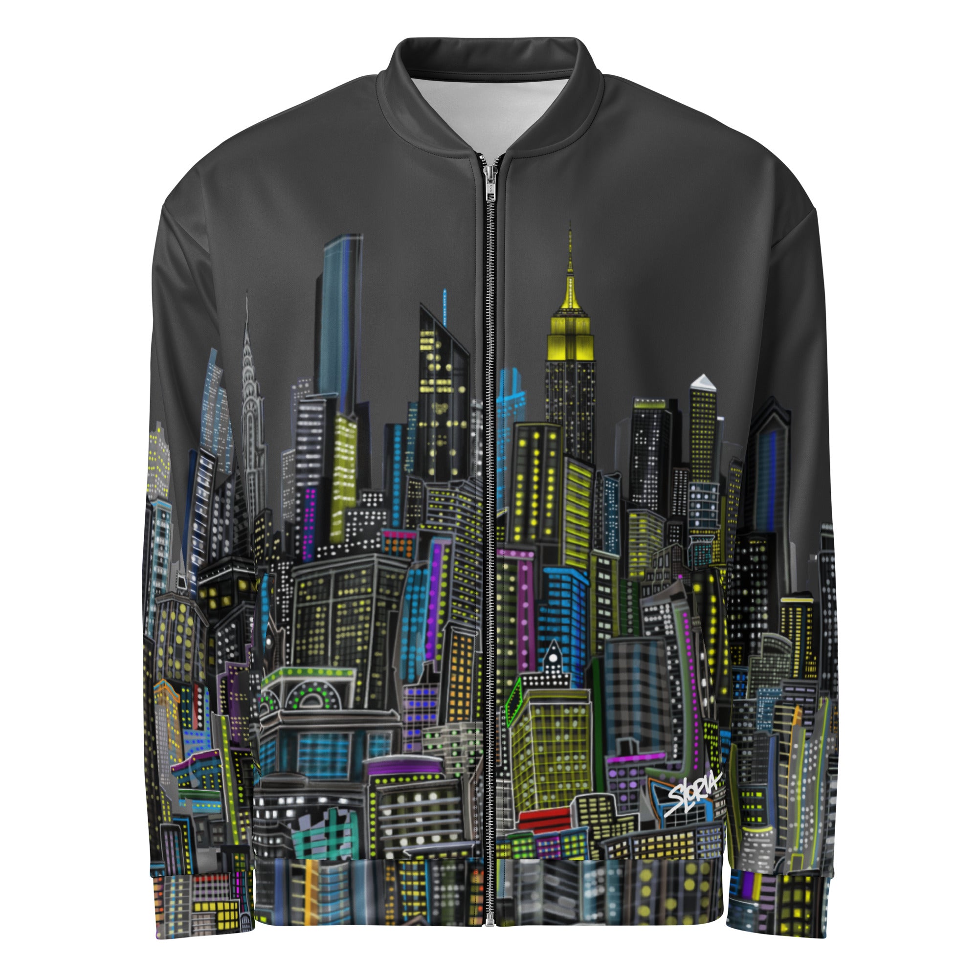 Charcoal color Bomber Jacket with a cityscape designed by Loria NYC Art on a white background