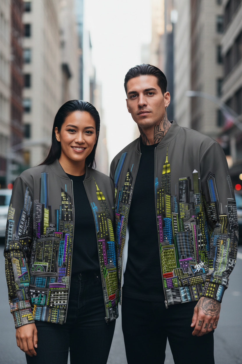 A women and Man wearing jackets with cityscape Loria NYC Art designs on a blurred street background