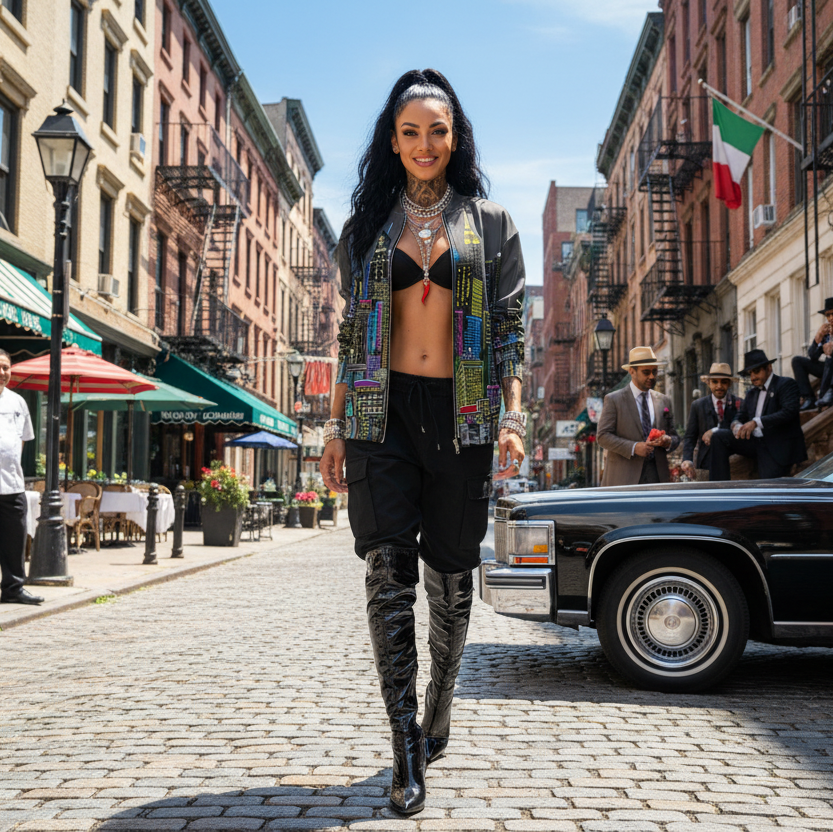 Women walking in an urban setting wearing a colorful Loria NYC Art jacket