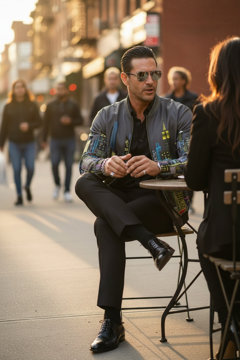 Man sitting down wearing a charcoal colored colorful Loria NYC Art jacket outside at a cafe.
