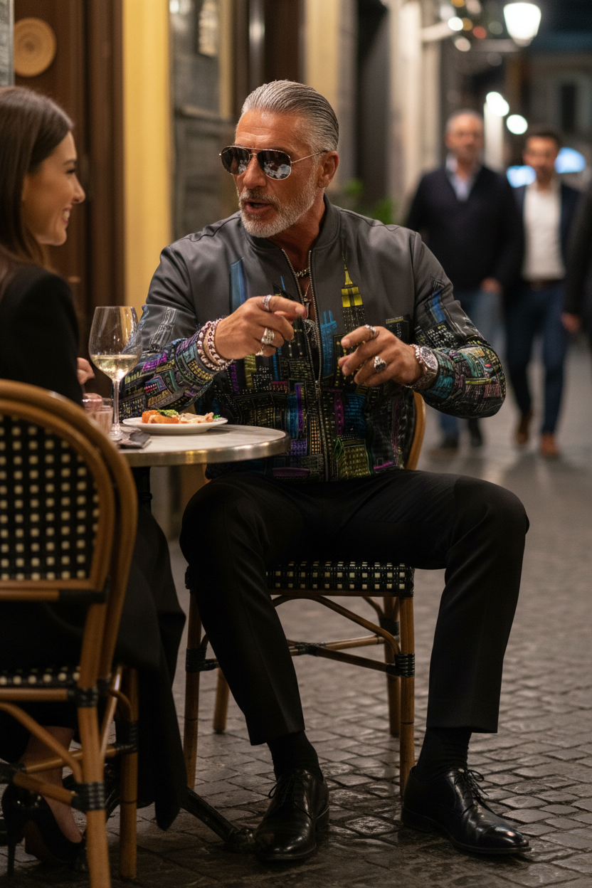 Man sitting at a table in an outdoor cafe, wearing sunglasses and a Loria NYC Art colorful jacket.
