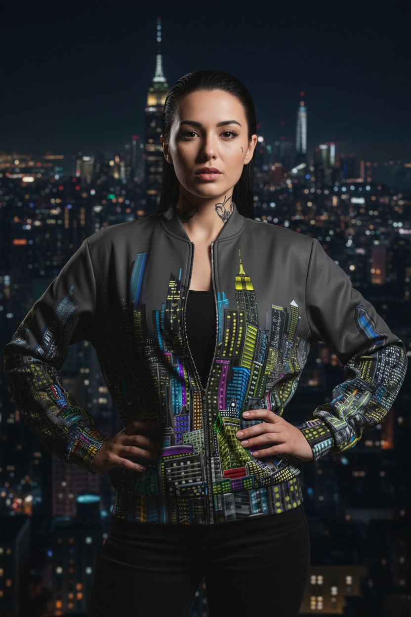 Woman wearing a colorful jacket with a Loria NYC Art cityscape design
